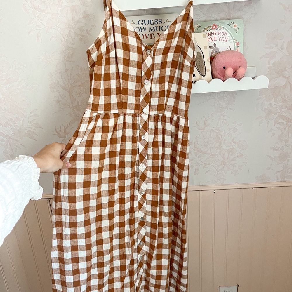 Brown Checkered Gingham Tank Button Sleeveless MIDI Dress Linen